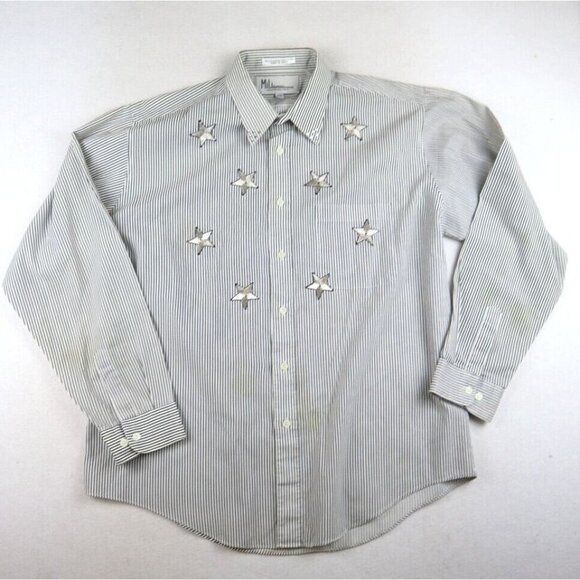 MILI DESIGNS - WOMEN'S GRAY & WHITE STRIPED LONG SLEEVE BUTTON-UP APPLIQUE  - L - Picture 1 of 10